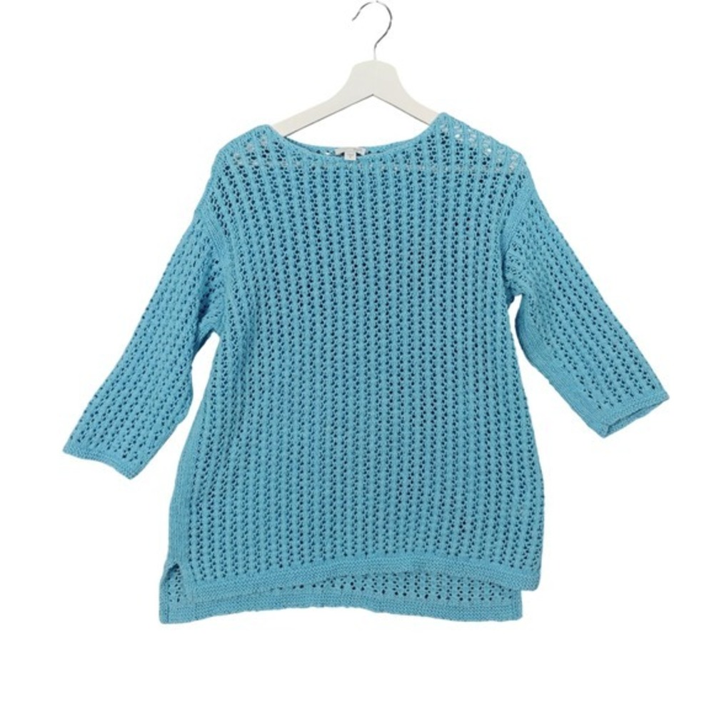J. Jill Women Coastal Boho Crochet Open Knit Sweater M Blue Boat Neck 3/4 Sleeve